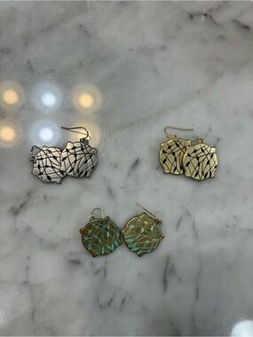 Geometric Leaf Dangle Earrings - Silver, Gold, Patina